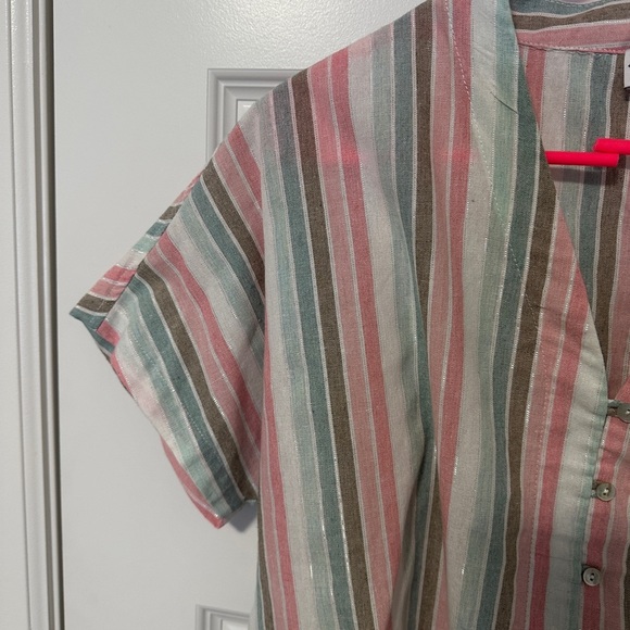 Point Zero Women’s Pink Blue Stripes Buttoned Tie Up Short Sleeve Top Size Small - Picture 4 of 9